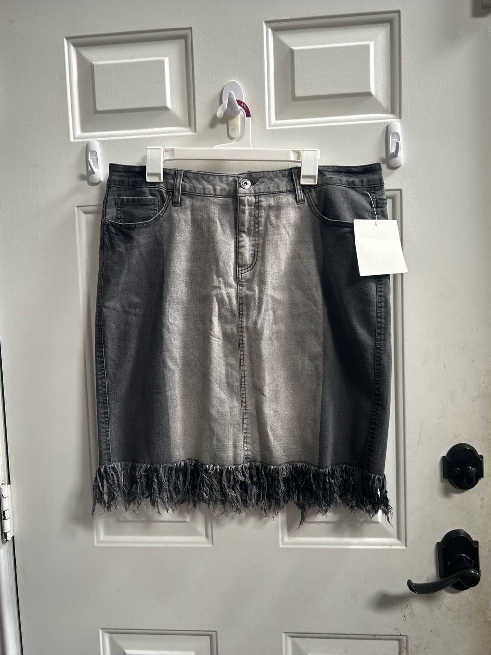 Two-Tone Black & Gray Fringe Hem Denim Mini Skirt